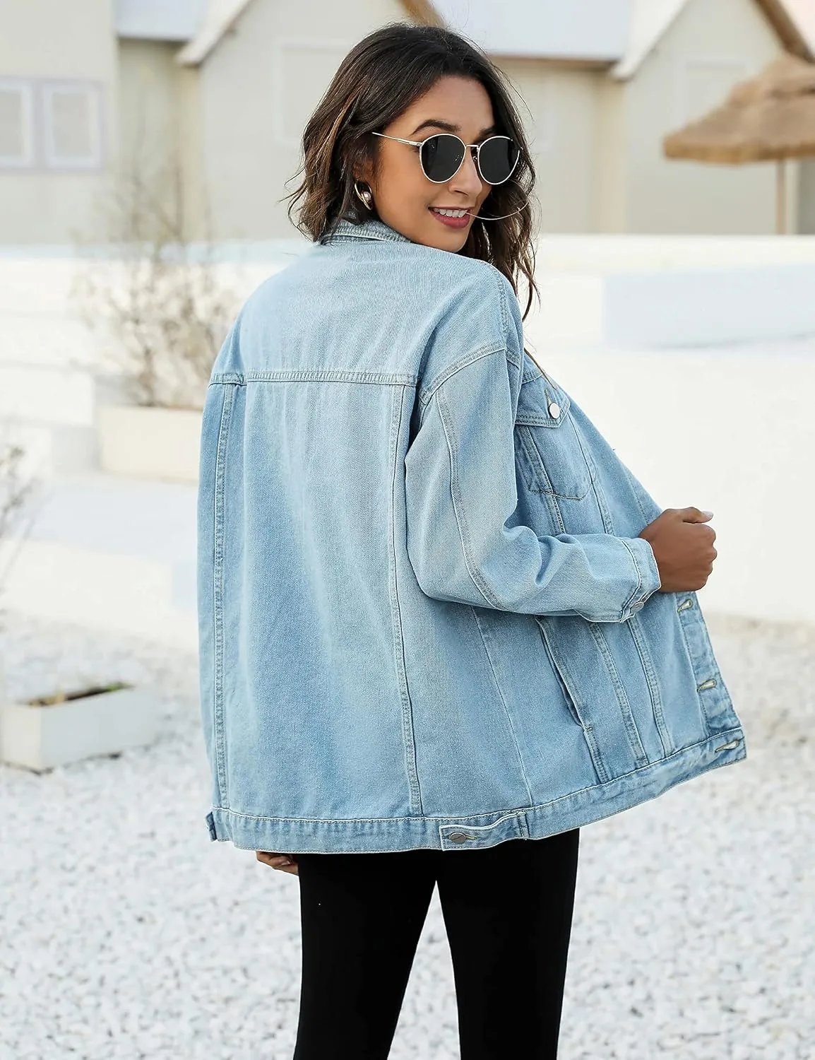 PUWEI Women's Oversized Denim Jacket Distressed Lapel Button Up Long Sleeve Jean Jacket with Pockets