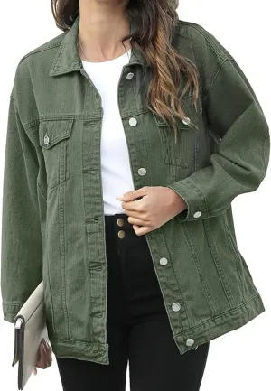 PUWEI Women's Oversized Denim Jacket Distressed Lapel Button Up Long Sleeve Jean Jacket with Pockets