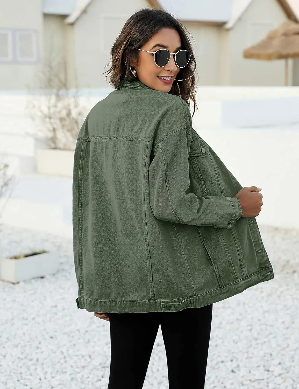 PUWEI Women's Oversized Denim Jacket Distressed Lapel Button Up Long Sleeve Jean Jacket with Pockets