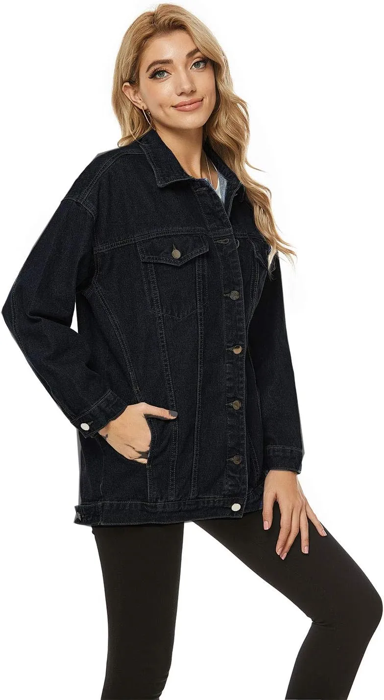 PUWEI Women's Oversized Denim Jacket Distressed Lapel Button Up Long Sleeve Jean Jacket with Pockets