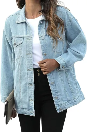 PUWEI Women's Oversized Denim Jacket Distressed Lapel Button Up Long Sleeve Jean Jacket with Pockets