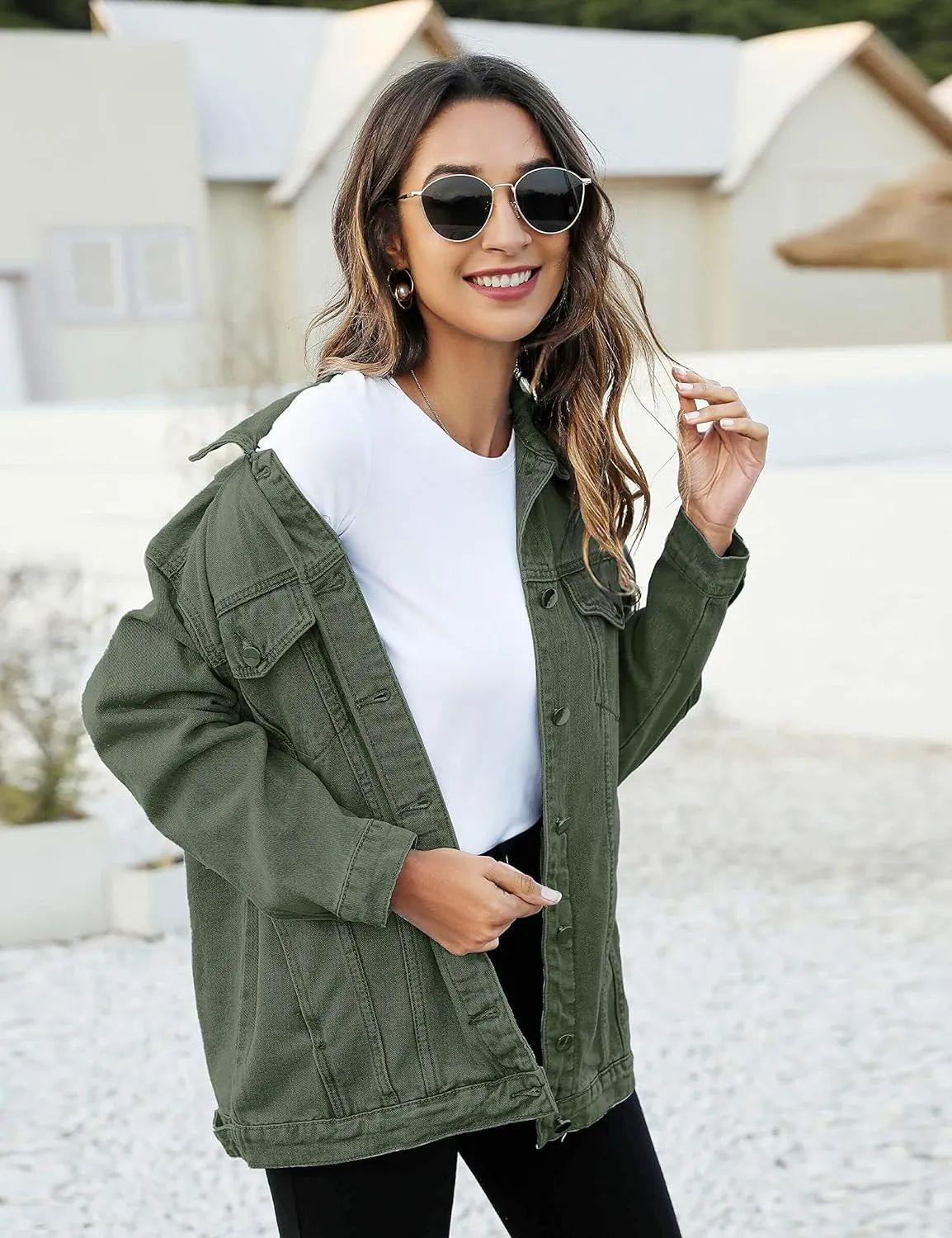 PUWEI Women's Oversized Denim Jacket Distressed Lapel Button Up Long Sleeve Jean Jacket with Pockets