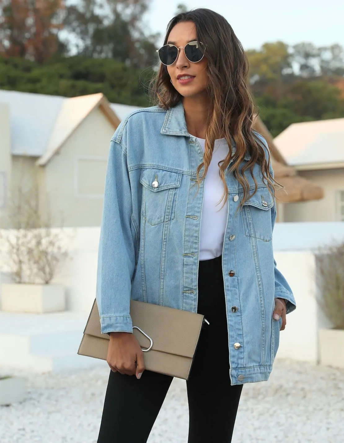 PUWEI Women's Oversized Denim Jacket Distressed Lapel Button Up Long Sleeve Jean Jacket with Pockets