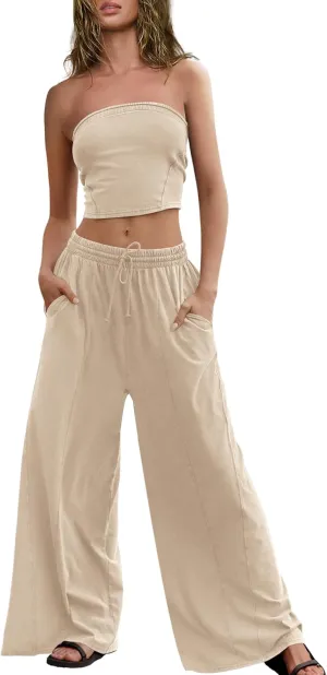 ReachMe Womens 2 Piece Summer Sets Beach Vacation Clothes Smocked Tube Tops and Wide Leg Pants Sets with Pockets