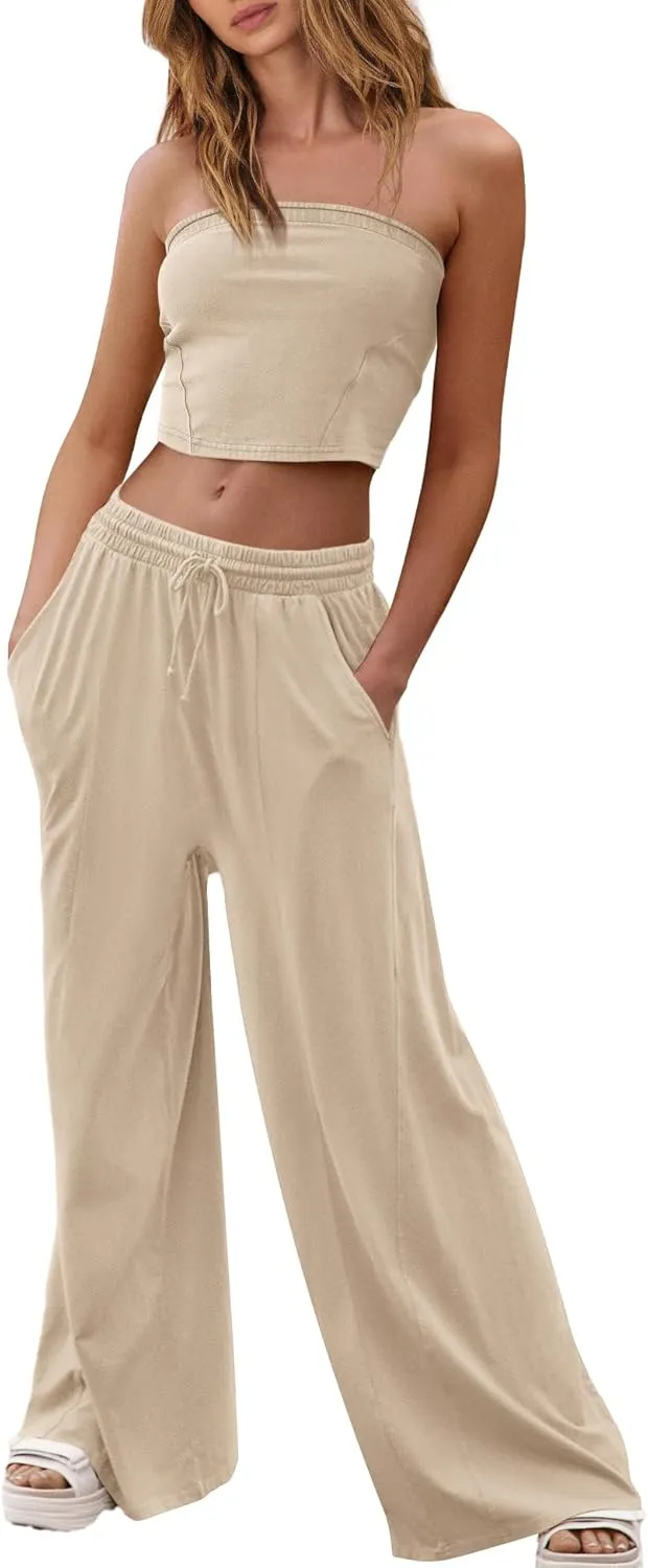 ReachMe Womens 2 Piece Summer Sets Beach Vacation Clothes Smocked Tube Tops and Wide Leg Pants Sets with Pockets