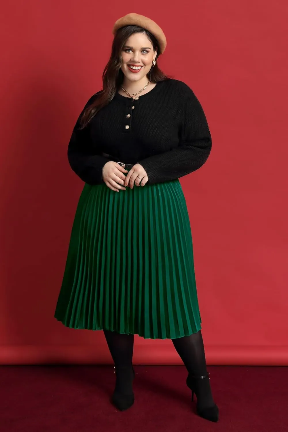 RITERA Plus Size Pleated Skirts for Women A Line Skirt High Elasitc Midi Swing Skirts