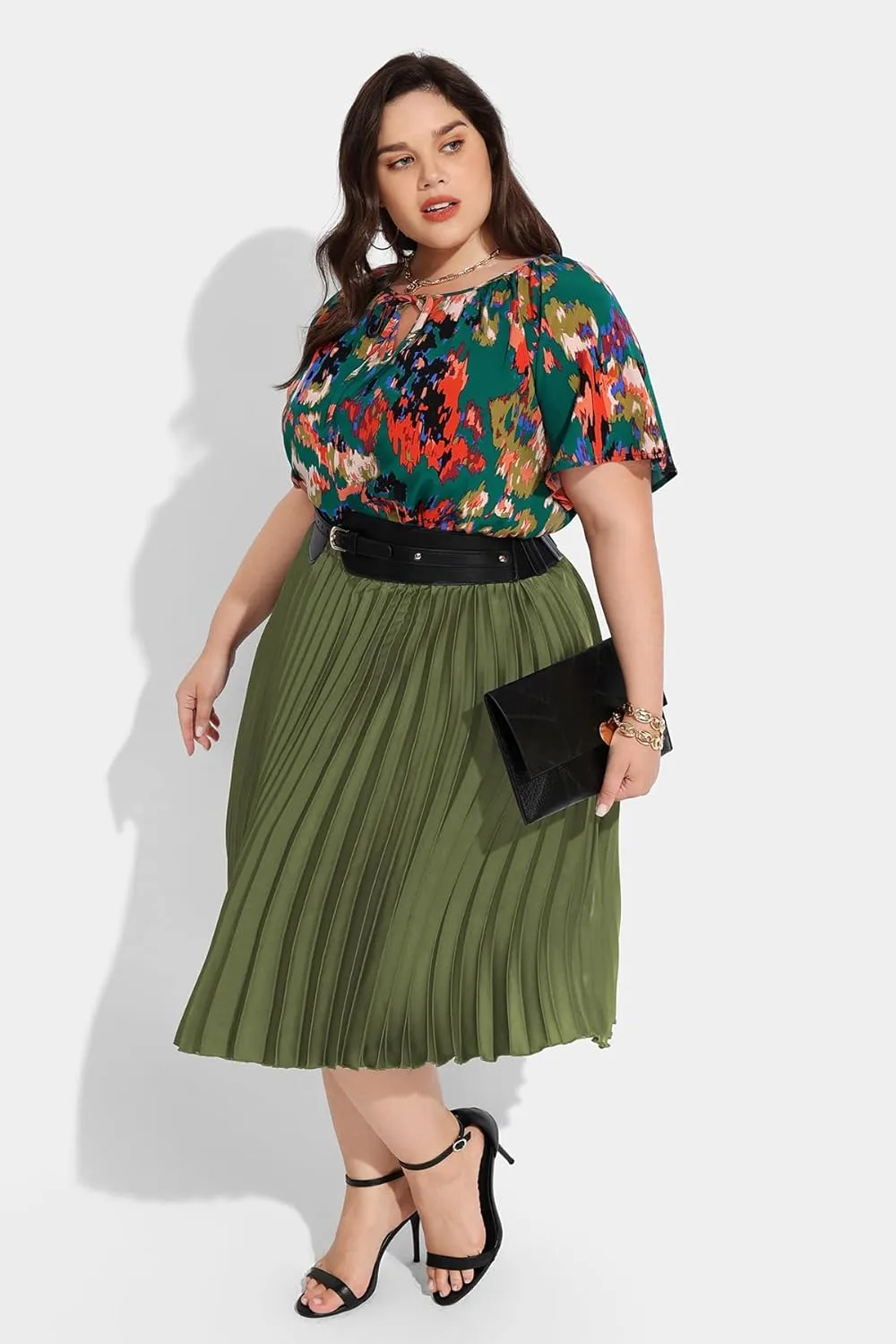 RITERA Plus Size Pleated Skirts for Women A Line Skirt High Elasitc Midi Swing Skirts