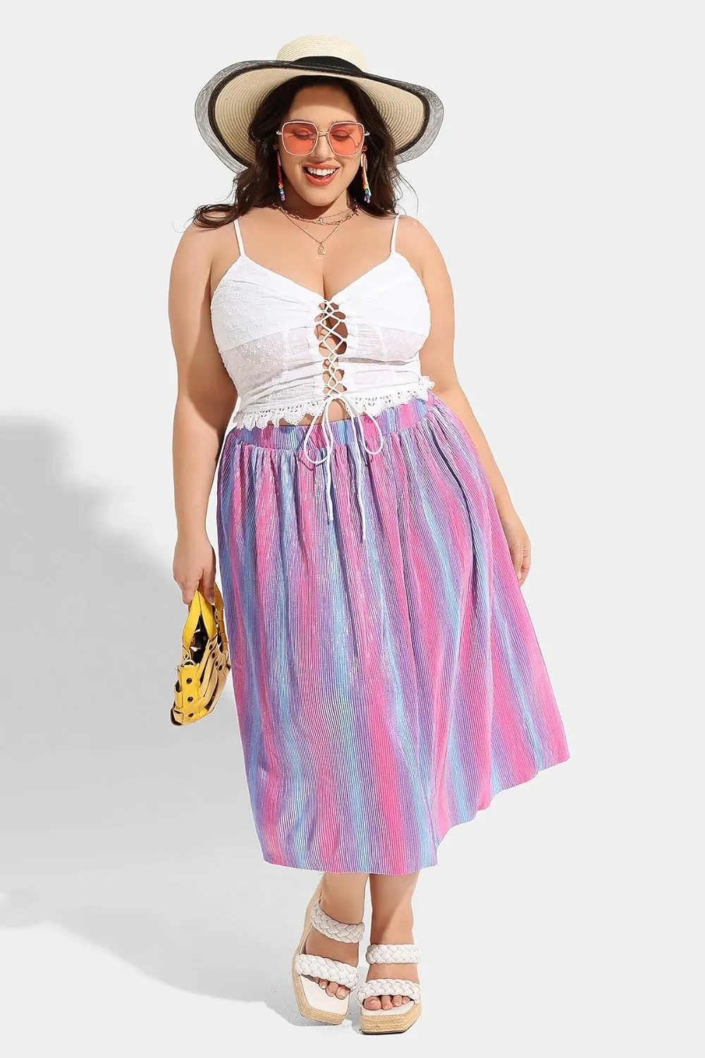 RITERA Plus Size Pleated Skirts for Women A Line Skirt High Elasitc Midi Swing Skirts
