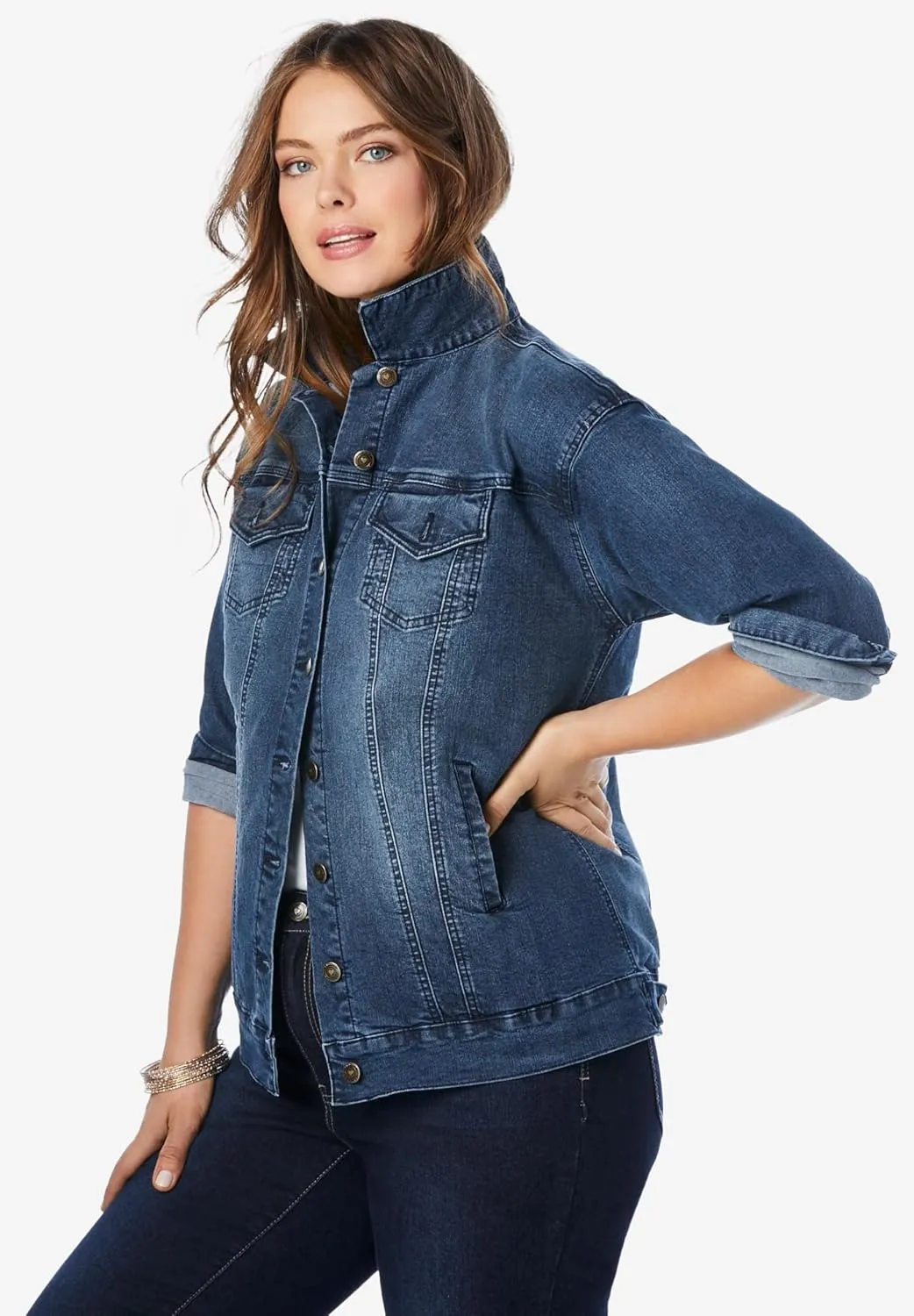 Roaman's Women's Plus Size Boyfriend Stretch Denim Jacket