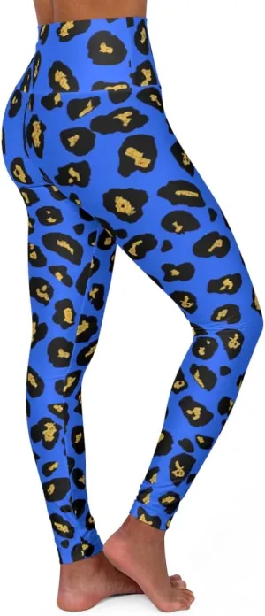 Royal Blue and Yellow Leopard Print High Waisted Yoga Leggings All Over Print