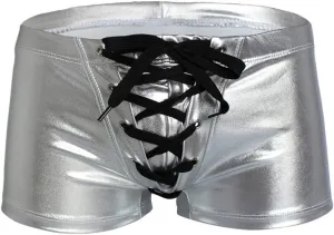 SENMIAO-Clothing Men Boxer Short Fetish Underwear Panties Shiny Patent Leather Exotic Drawstring Metallic Boxer Shorts Swimwear Beach (Color : Silver, Size : XX-Large)