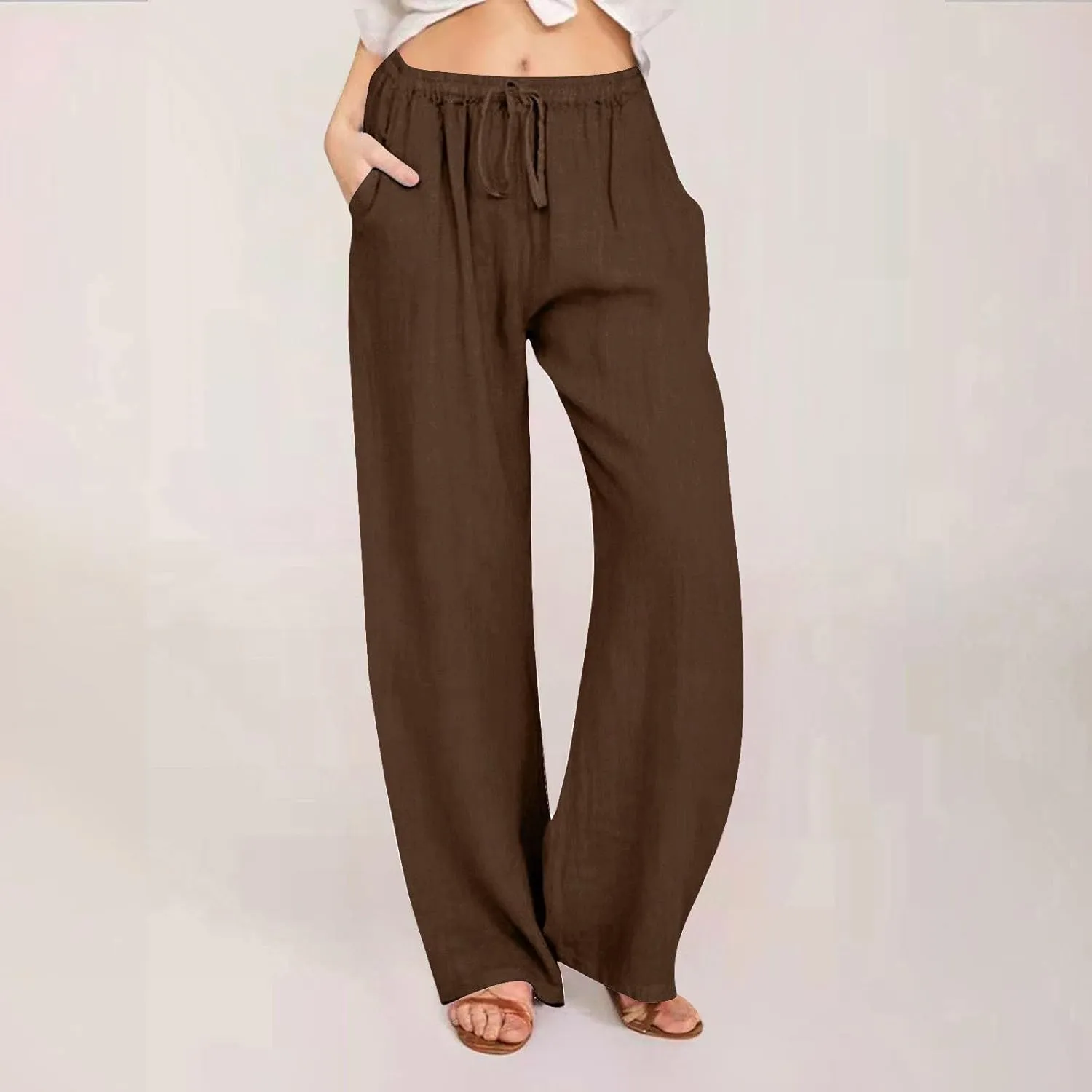 SHAOBGE Cotton Linen Pants for Women Summer Wide Leg Casual Loose Drawstring High Waist Palazzo Pants Trousers with Pockets
