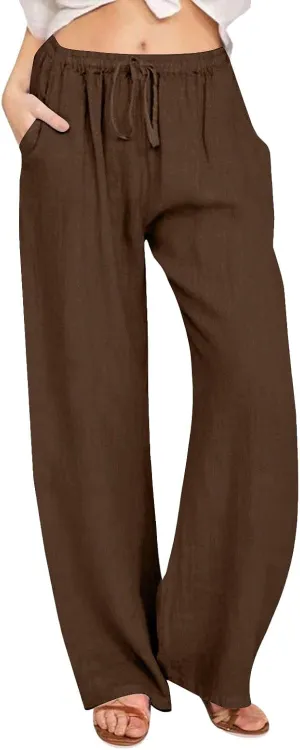 SHAOBGE Cotton Linen Pants for Women Summer Wide Leg Casual Loose Drawstring High Waist Palazzo Pants Trousers with Pockets