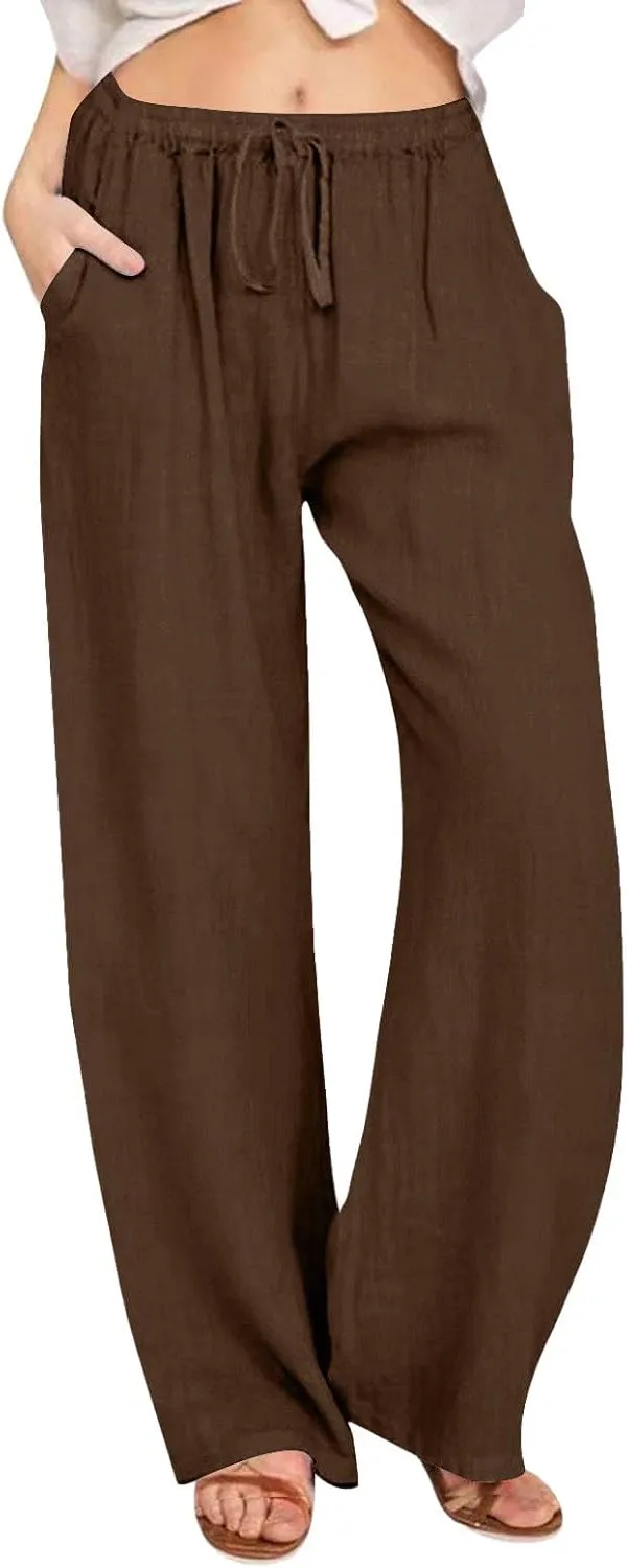 SHAOBGE Cotton Linen Pants for Women Summer Wide Leg Casual Loose Drawstring High Waist Palazzo Pants Trousers with Pockets