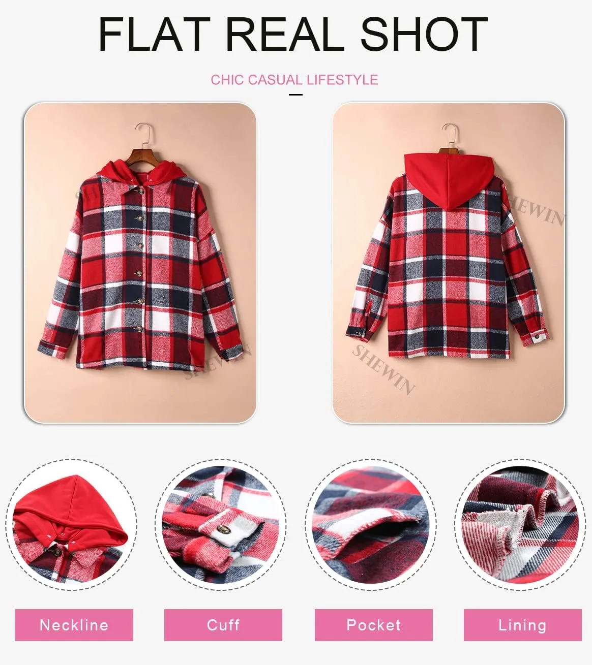 SHEWIN Womens Long Sleeve Button Down Plaid Shirts Flannel Hooded Shacket Jacket Hoodie Coats