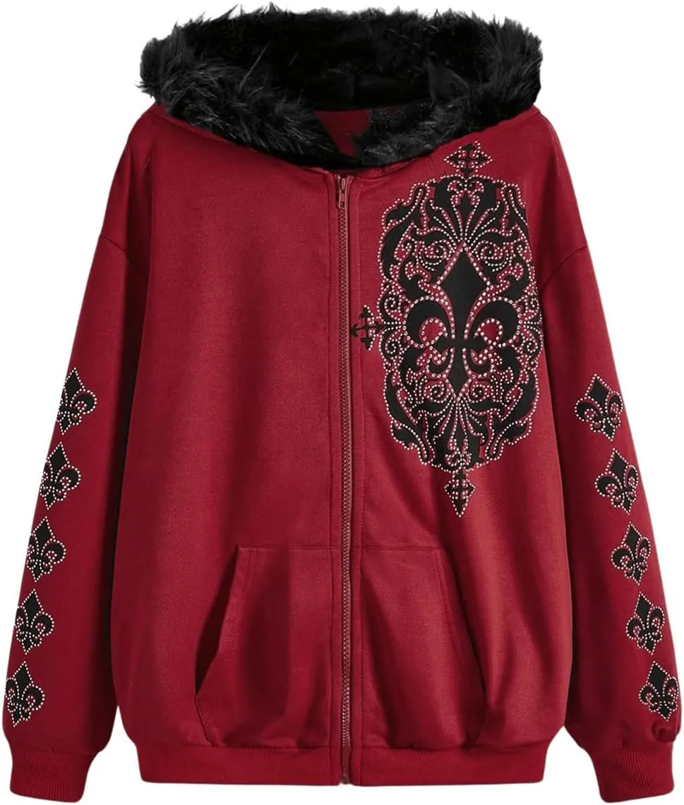 SOLY HUX Women's Y2K Zip Up Hoodie Streetwear Graphic Hoodies Y2k Jacket with Faux Fur Collar 90s Fall Gothic Outfits