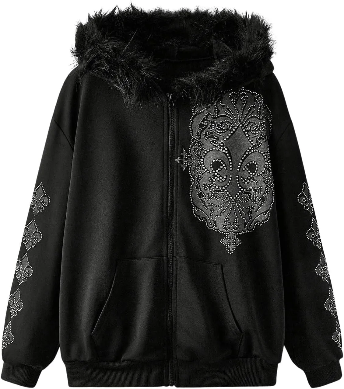 SOLY HUX Women's Y2K Zip Up Hoodie Streetwear Graphic Hoodies Y2k Jacket with Faux Fur Collar 90s Fall Gothic Outfits