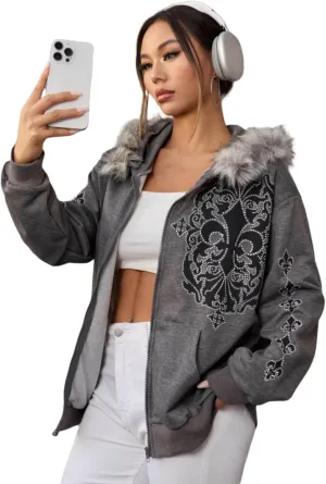 SOLY HUX Women's Y2K Zip Up Hoodie Streetwear Graphic Hoodies Y2k Jacket with Faux Fur Collar 90s Fall Gothic Outfits