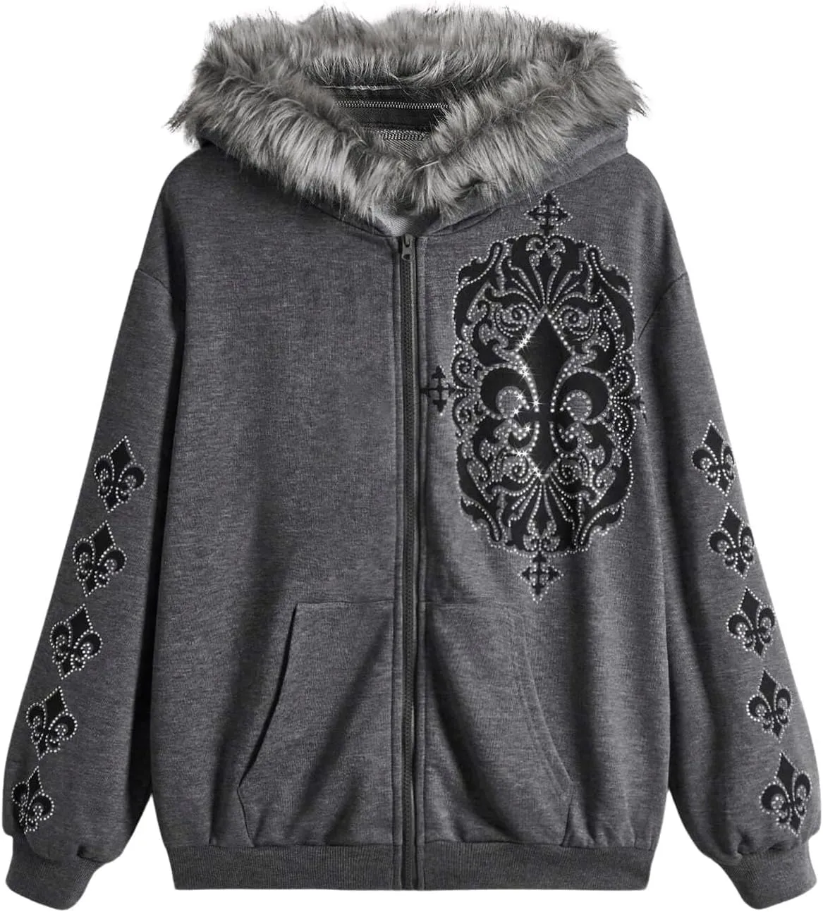 SOLY HUX Women's Y2K Zip Up Hoodie Streetwear Graphic Hoodies Y2k Jacket with Faux Fur Collar 90s Fall Gothic Outfits