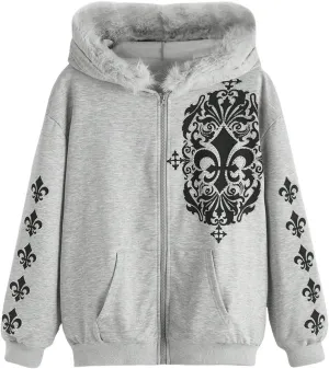 SOLY HUX Women's Y2K Zip Up Hoodie Streetwear Graphic Hoodies Y2k Jacket with Faux Fur Collar 90s Fall Gothic Outfits