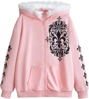SOLY HUX Women's Y2K Zip Up Hoodie Streetwear Graphic Hoodies Y2k Jacket with Faux Fur Collar 90s Fall Gothic Outfits