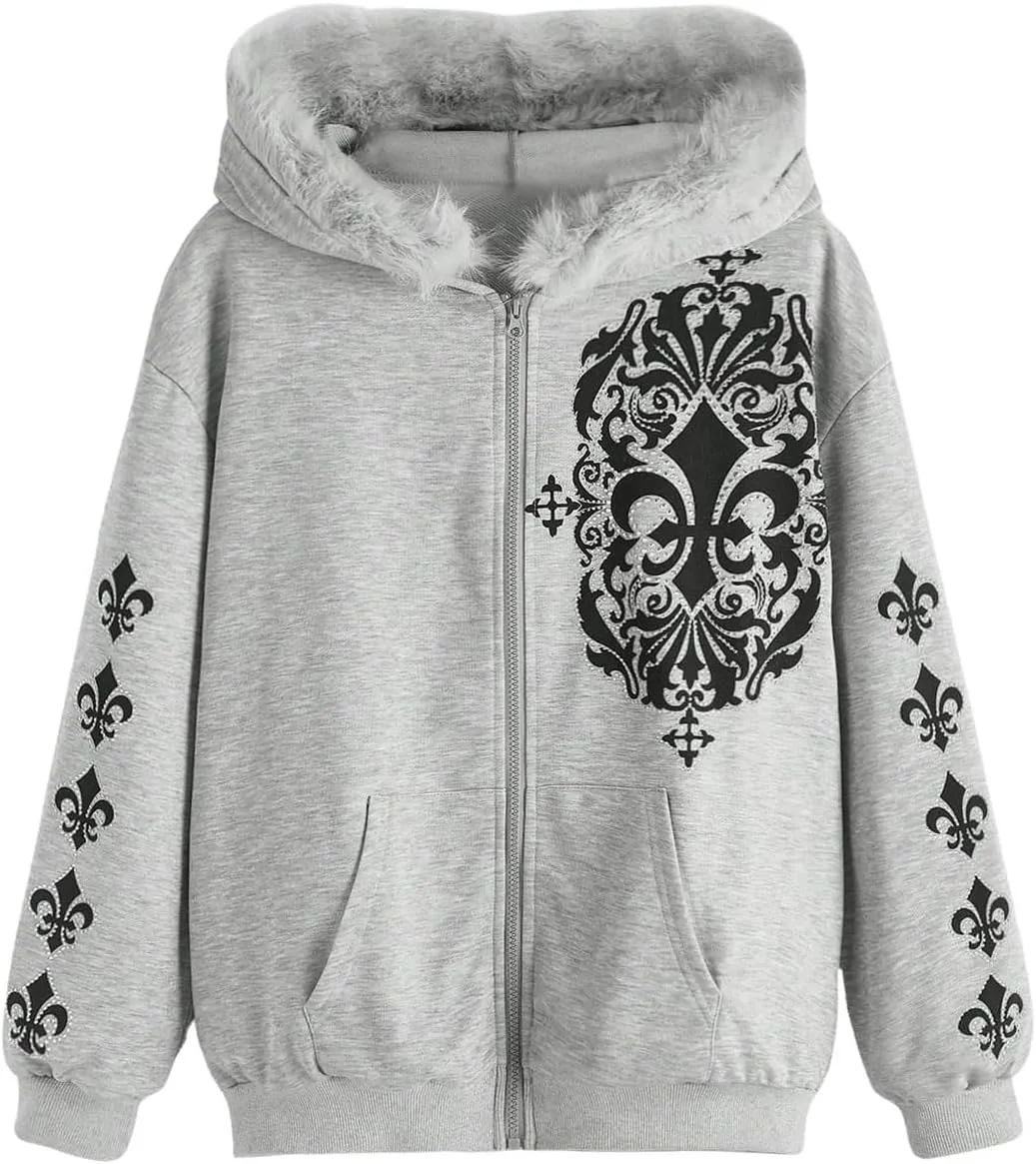 SOLY HUX Women's Y2K Zip Up Hoodie Streetwear Graphic Hoodies Y2k Jacket with Faux Fur Collar 90s Fall Gothic Outfits