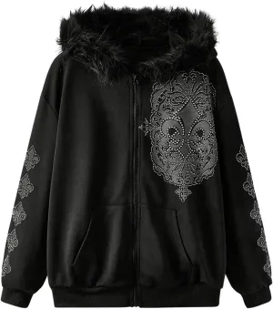 SOLY HUX Women's Y2K Zip Up Hoodie Streetwear Graphic Hoodies Y2k Jacket with Faux Fur Collar 90s Fall Gothic Outfits