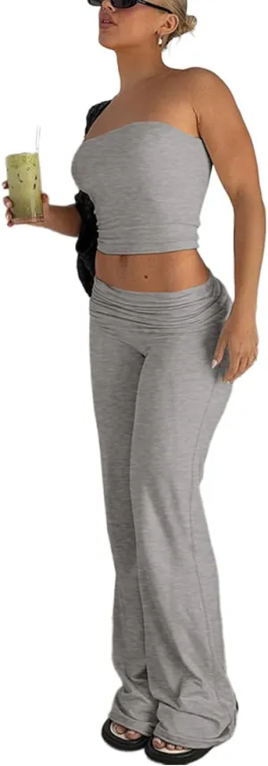 Summer Sexy Sweatsuits Women's 2 Piece Workout Lounge Sets Outfits Casual Crop High Waist Wide Leg Foldover Flare Pant