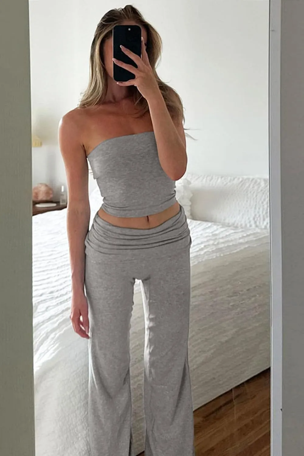 Summer Sexy Sweatsuits Women's 2 Piece Workout Lounge Sets Outfits Casual Crop High Waist Wide Leg Foldover Flare Pant
