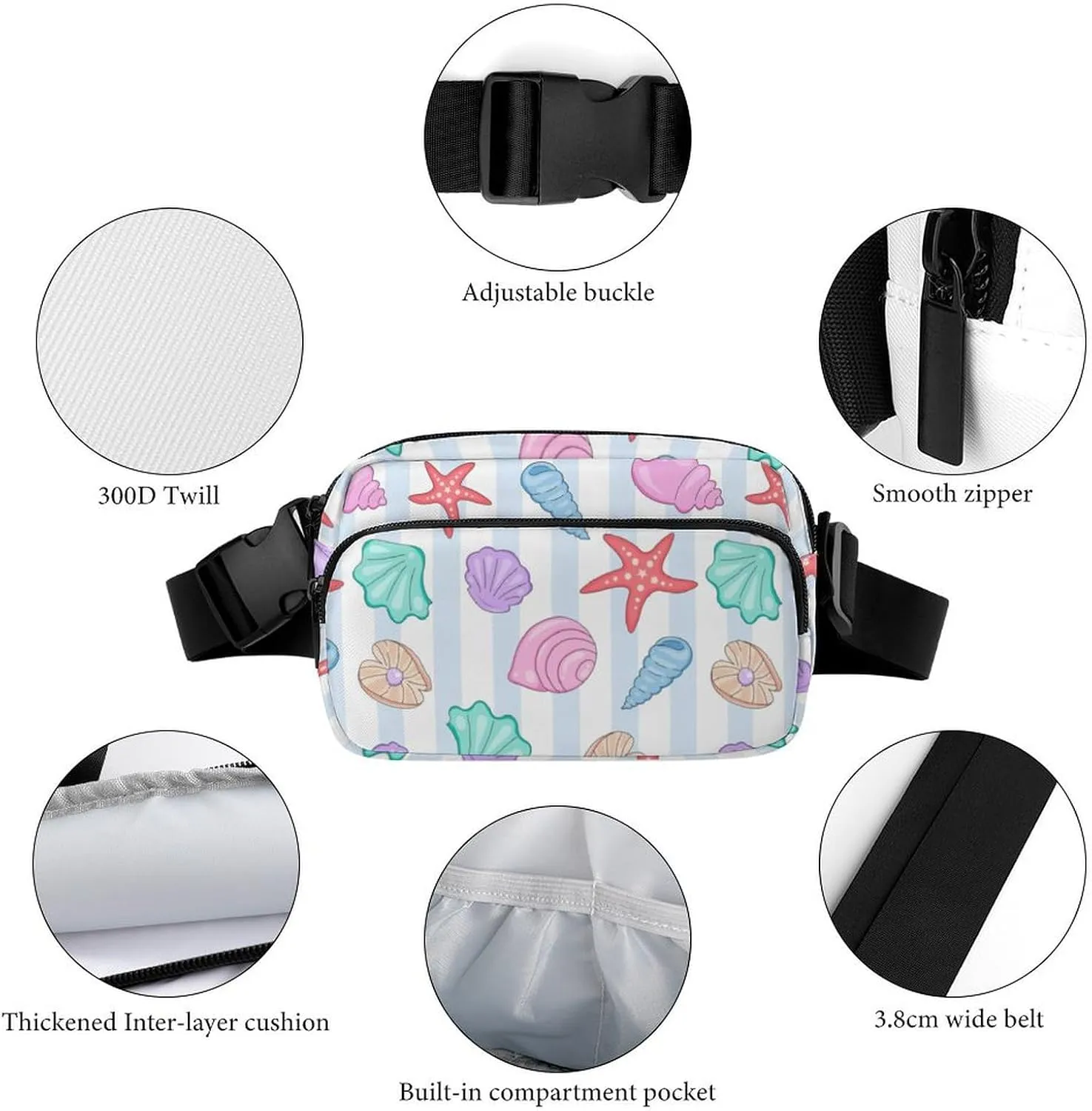 Summer Style Animals Belt Bag Fanny Pack Crossbody Shells Pearls Clam Fashion Waist Packs With Adjustable Strap For Men Women Travel Hiking Cycling Running