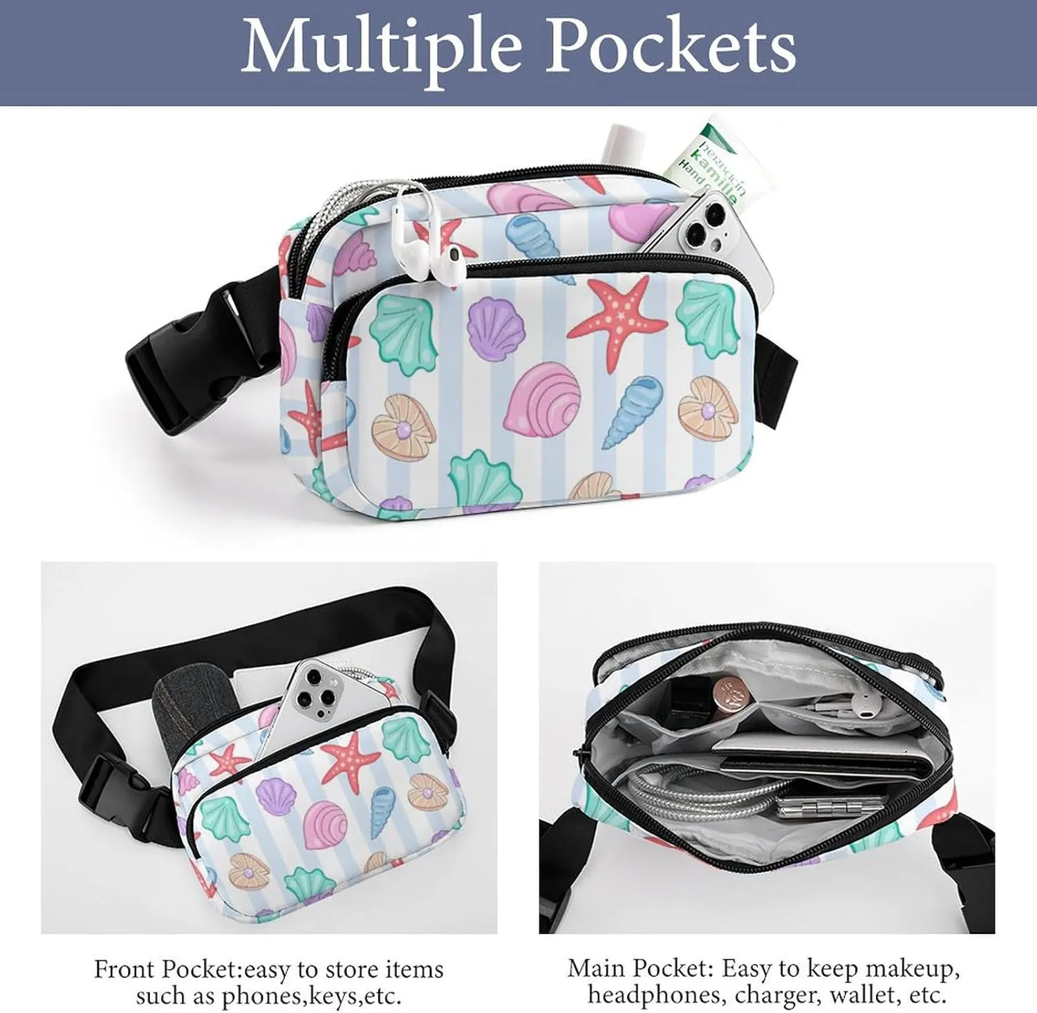 Summer Style Animals Belt Bag Fanny Pack Crossbody Shells Pearls Clam Fashion Waist Packs With Adjustable Strap For Men Women Travel Hiking Cycling Running