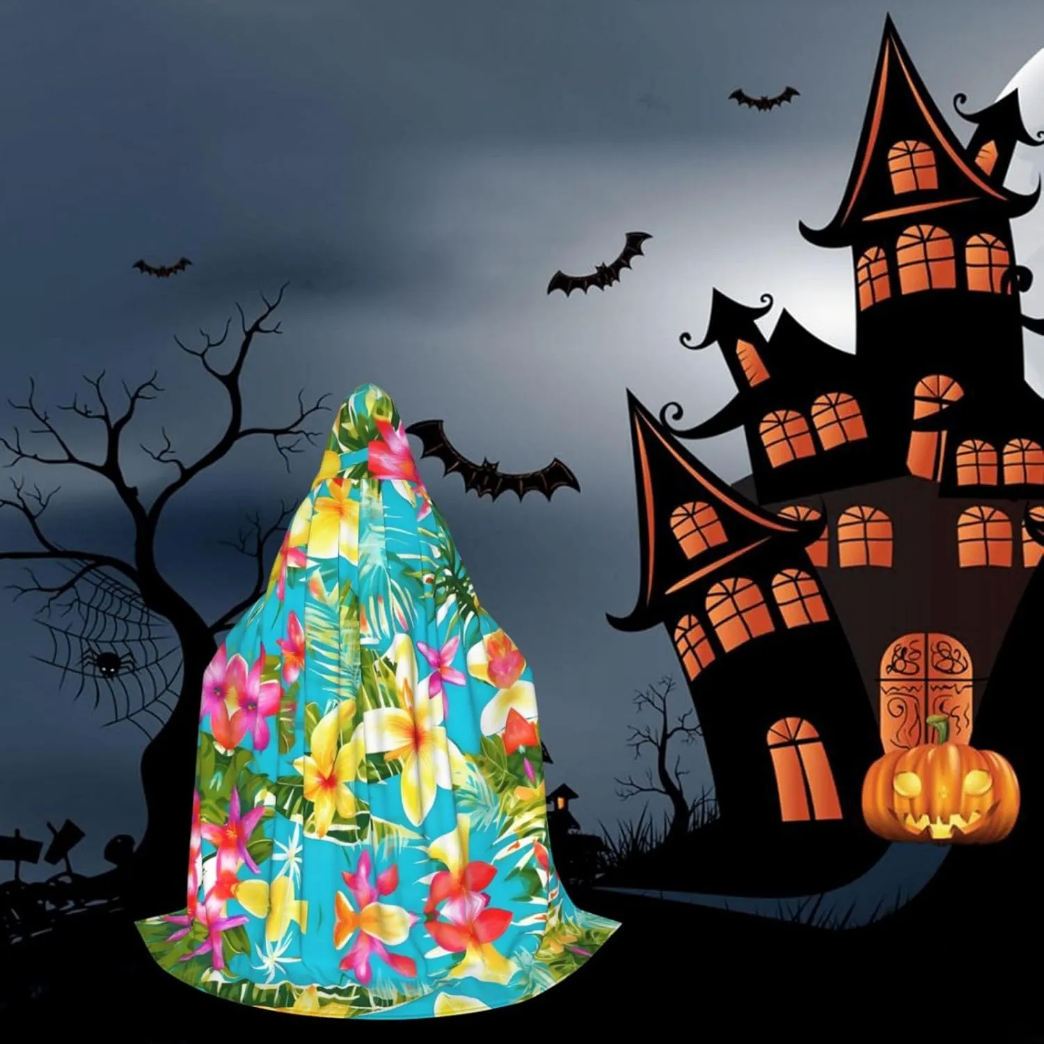 summer style hawaiian print Wizard Hooded Robe Medieval Cape Renaissance Cloak for Men Women Halloween Costume