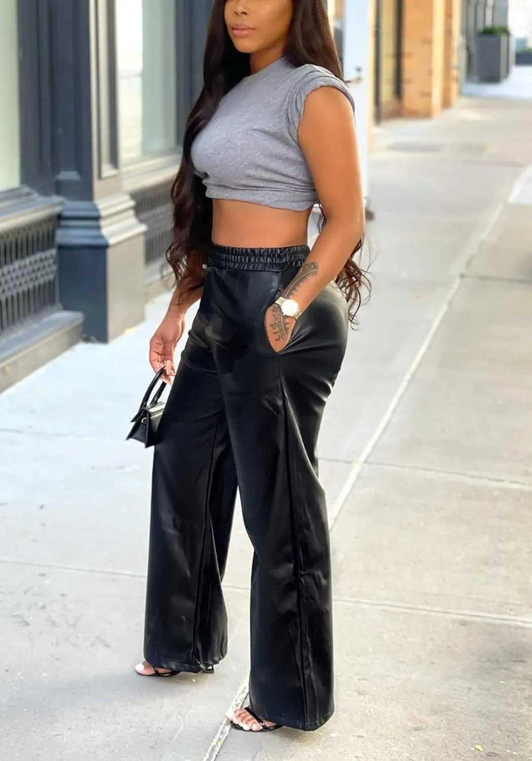 Tcremisa Women's Faux Leather Pants Elastic High Waist Straight Wide Leg Punk PU Trousers with Pockets