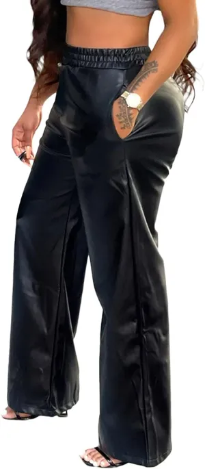 Tcremisa Women's Faux Leather Pants Elastic High Waist Straight Wide Leg Punk PU Trousers with Pockets