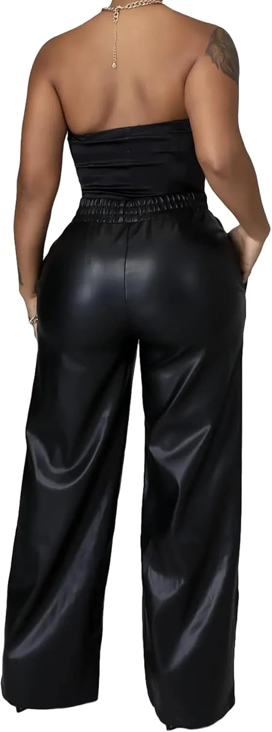 Tcremisa Women's Faux Leather Pants Elastic High Waist Straight Wide Leg Punk PU Trousers with Pockets