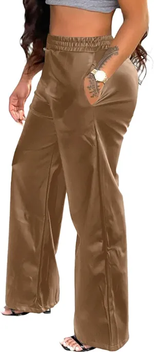 Tcremisa Women's Faux Leather Pants Elastic High Waist Straight Wide Leg Punk PU Trousers with Pockets