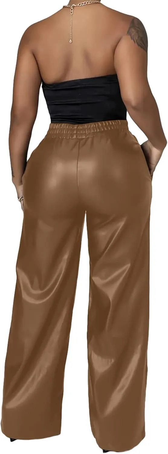 Tcremisa Women's Faux Leather Pants Elastic High Waist Straight Wide Leg Punk PU Trousers with Pockets