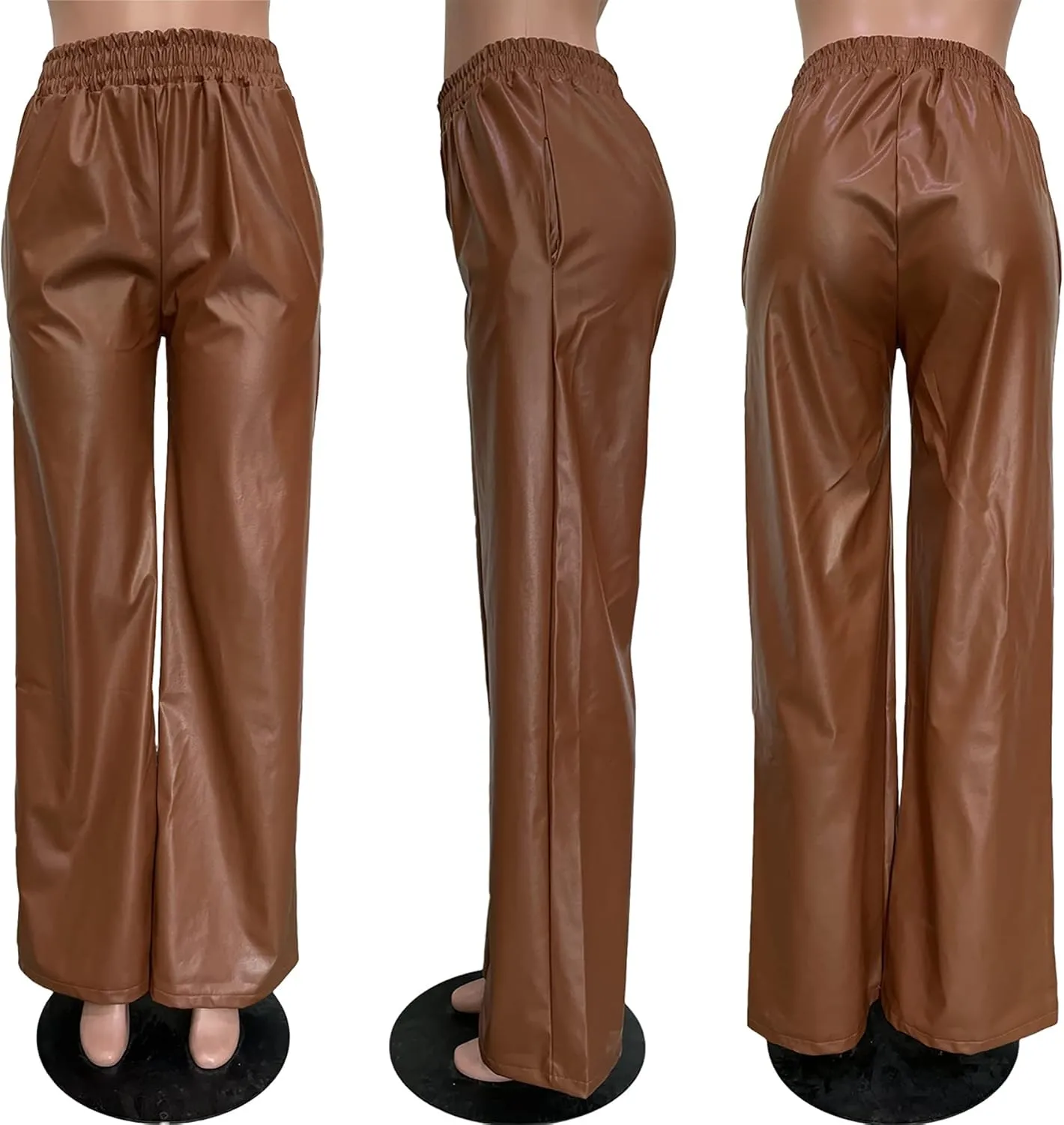 Tcremisa Women's Faux Leather Pants Elastic High Waist Straight Wide Leg Punk PU Trousers with Pockets