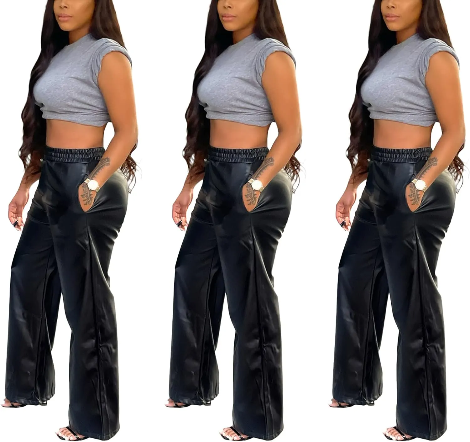 Tcremisa Women's Faux Leather Pants Elastic High Waist Straight Wide Leg Punk PU Trousers with Pockets