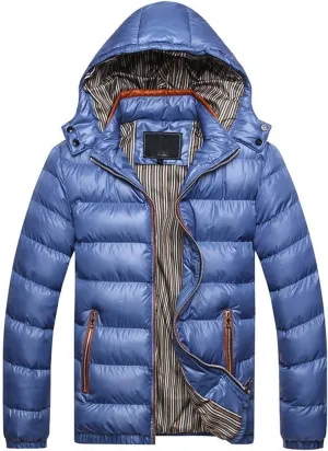 Thickened Winter Coat Cotton Men's Cotton Coat Hat Thickening Jacket Winter Warm Removable Padded Men's Coats (Blue, XL)