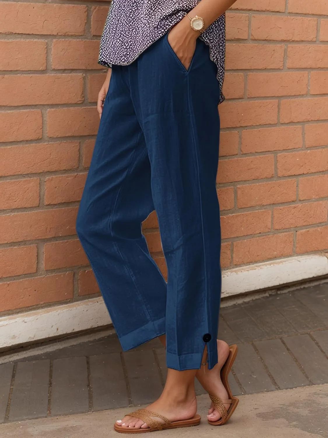 TIAFORD Womens Summer Cotton Linen Elastic High Waist Cropped Pants Casual Loose Straight Leg Beach Trousers with Pockets