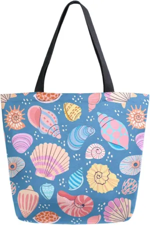 Trendy Extra Large Shoulder Grocery Tote Bag, Summer Style Colors Seashells Conch Blue Canvas Daily Handle Bag for Gym Yoga Weekender Picnic Beach Travel Kitchen Reusable Market Shopping