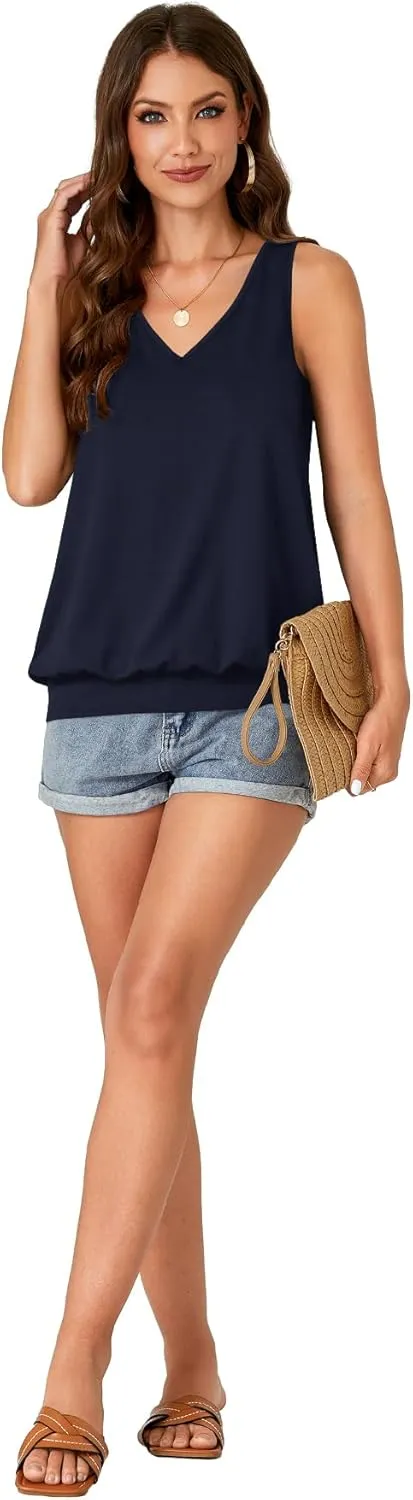 Umenlele Womens Casual Banded Bottom Cami Shirt V Neck Sleeveless Loose Summer Tank Top Camisole