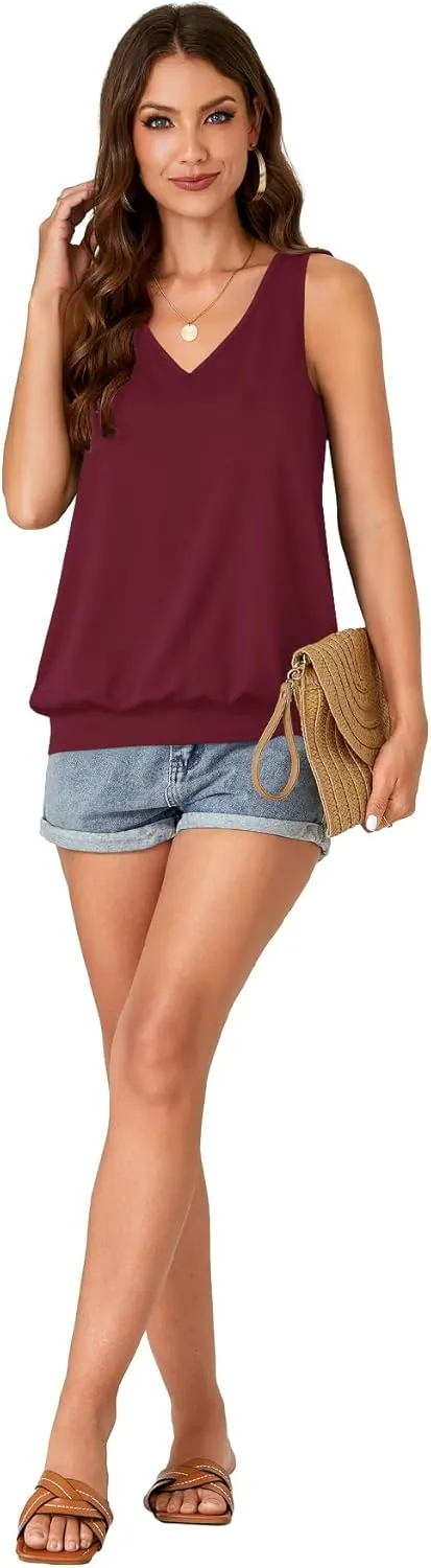 Umenlele Womens Casual Banded Bottom Cami Shirt V Neck Sleeveless Loose Summer Tank Top Camisole