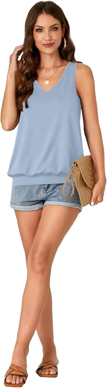 Umenlele Womens Casual Banded Bottom Cami Shirt V Neck Sleeveless Loose Summer Tank Top Camisole