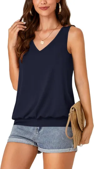 Umenlele Womens Casual Banded Bottom Cami Shirt V Neck Sleeveless Loose Summer Tank Top Camisole