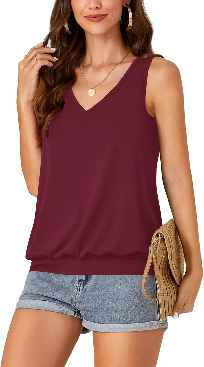 Umenlele Womens Casual Banded Bottom Cami Shirt V Neck Sleeveless Loose Summer Tank Top Camisole