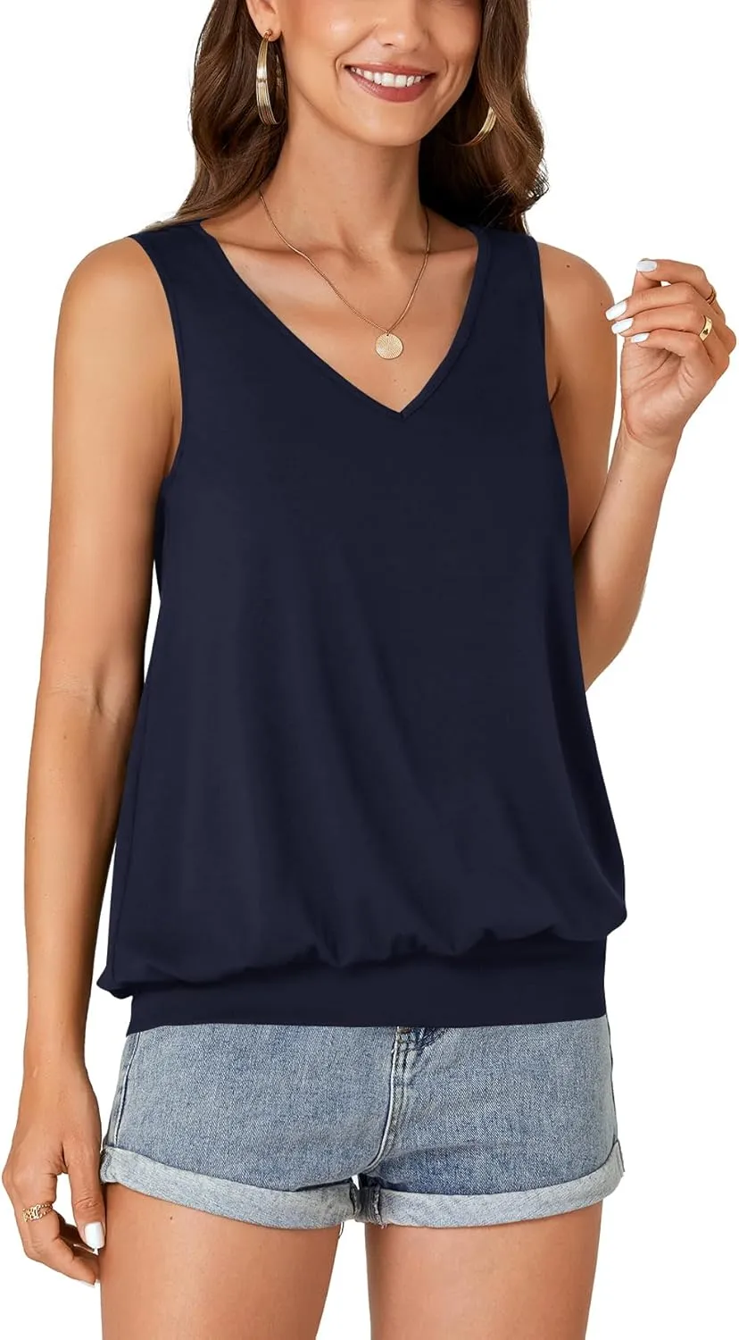 Umenlele Womens Casual Banded Bottom Cami Shirt V Neck Sleeveless Loose Summer Tank Top Camisole