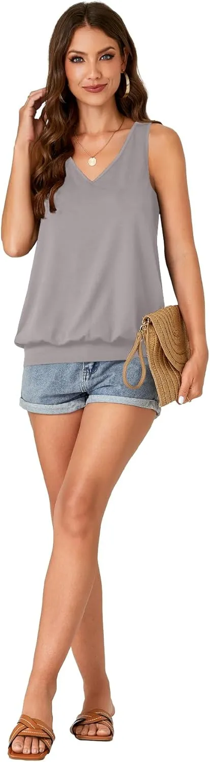 Umenlele Womens Casual Banded Bottom Cami Shirt V Neck Sleeveless Loose Summer Tank Top Camisole