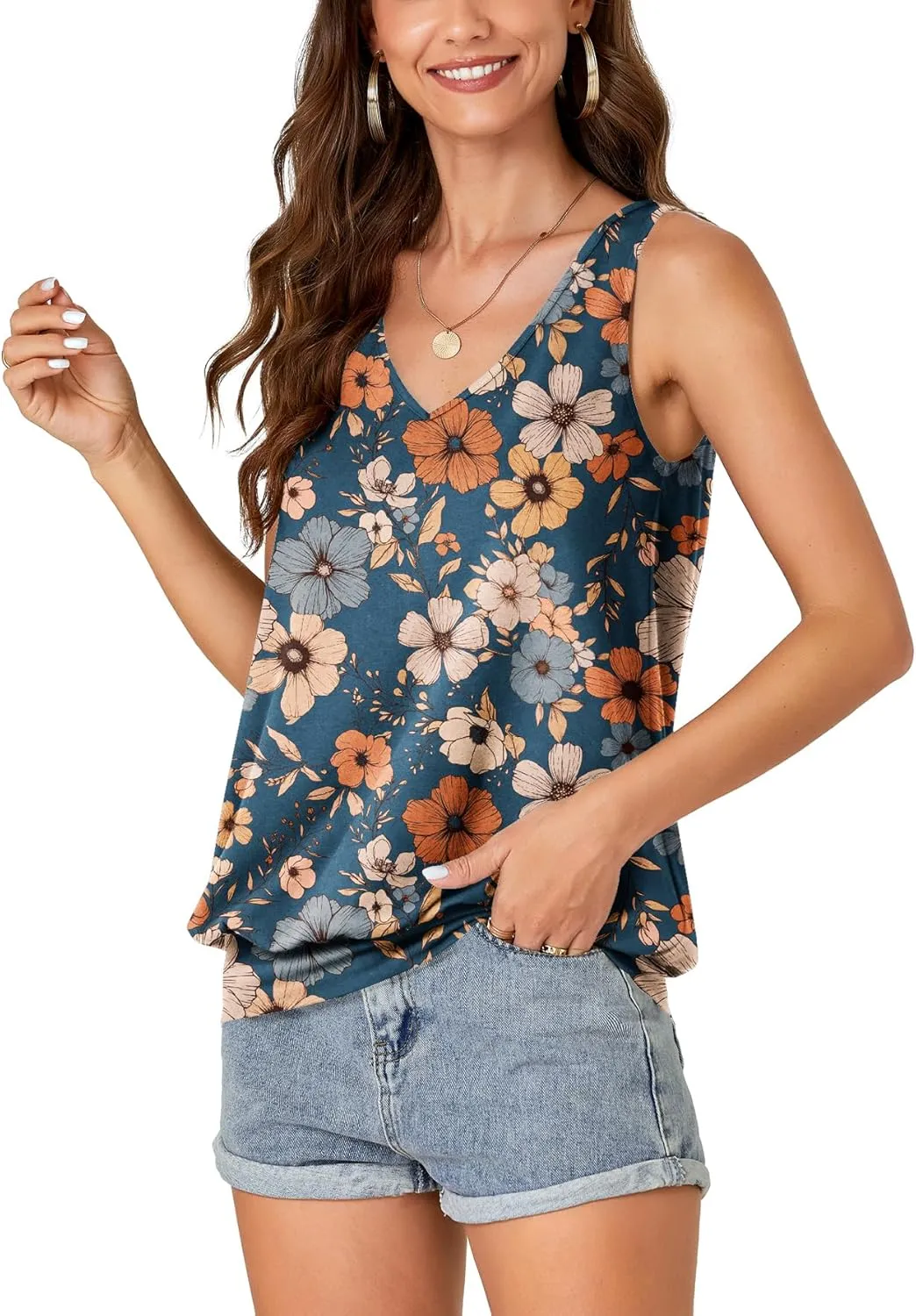 Umenlele Womens Casual Banded Bottom Cami Shirt V Neck Sleeveless Loose Summer Tank Top Camisole